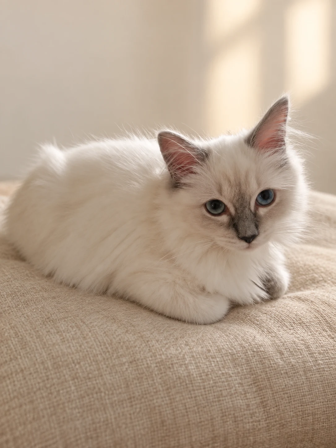 Ragdoll-Jungkatze Fushigi liegt mit angezogenen Vorderpfoten auf einem hellen Kissen