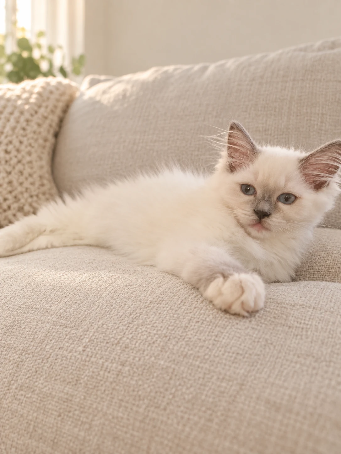 Ragdoll-Jungkatze Ginka mit ausgestreckter Vorderpfote auf einem hellen Kissen